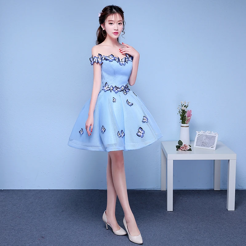 Robe de soiree Light blue Sexy Off the Shoulder Butterfly Pleated Ball Gown Evening Dresses vestido de festa Formal Prom Dresses