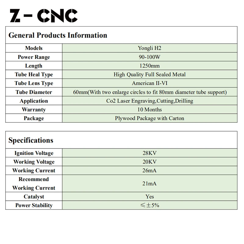 Yongli-tubo láser H2 Co2, 80-100W, L1250mm, 10 meses de garantía, reemplazo de Yongli R3 A2s Reci T2 EFR F2 Weeson 1250T7 Z-CNC