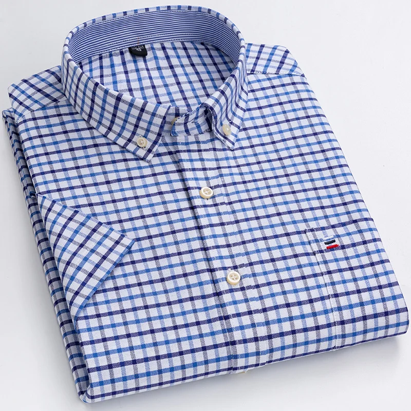 Branded Cotton Shirts for Men Short Sleeve Summer Plus Size Plaid Shirt Striped Male Shirt Business Casual White New Regular Fit