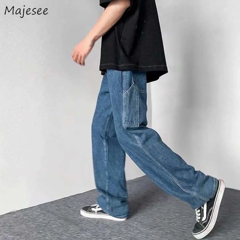 

Men Vintage Wide Leg Jeans Baggy Pockets Harajuku BF Denim Mopping Trousers Hip Hop Tooling Fall Mens Straight Pantalones S-3XL