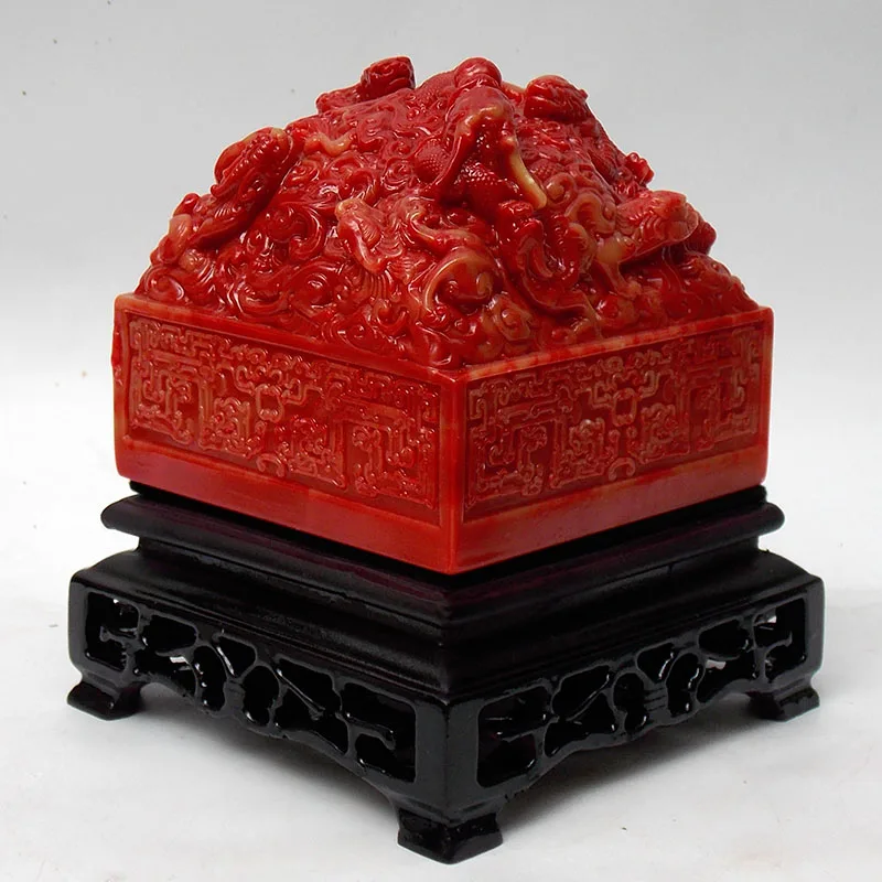 

Chicken blood Color Jade stone Stamp Jiulong opera pearl Ancient China Emperor jade seal Han Tang Song Ming Dynasty Dragon Seal