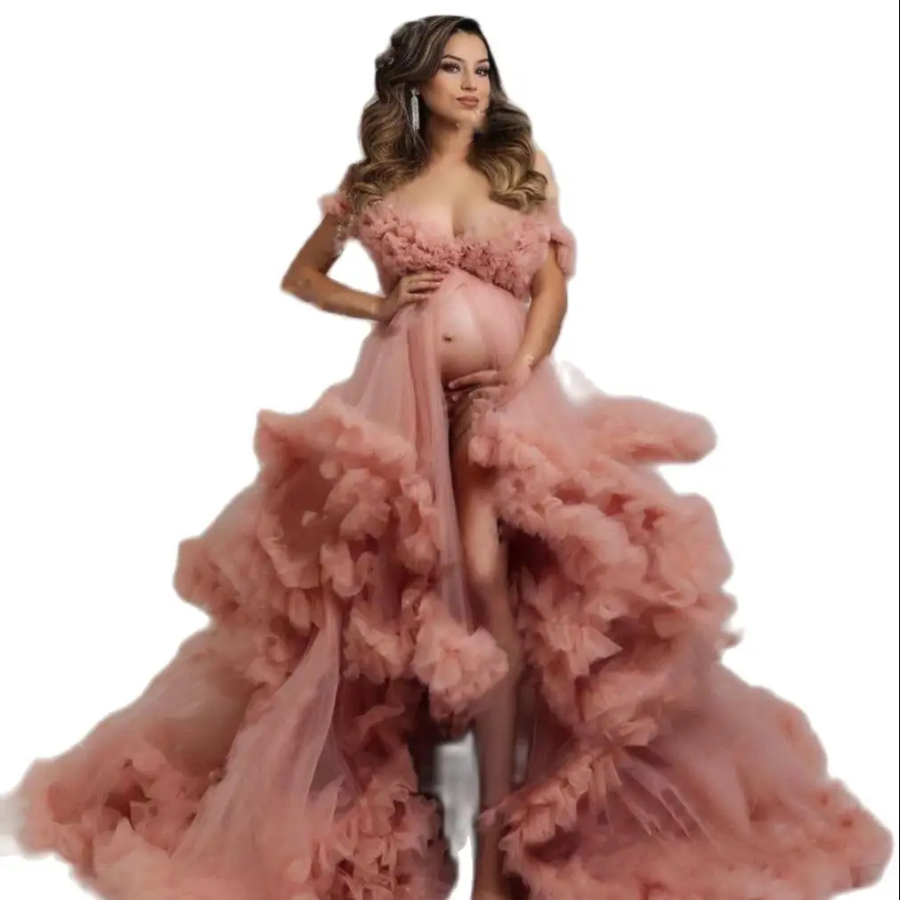 Photoshoot Robe Maternity Photo Dress Lush Puffy Ruffles Prom Gown Open Front Off Shoulder Tulle Dressing For Baby Shower