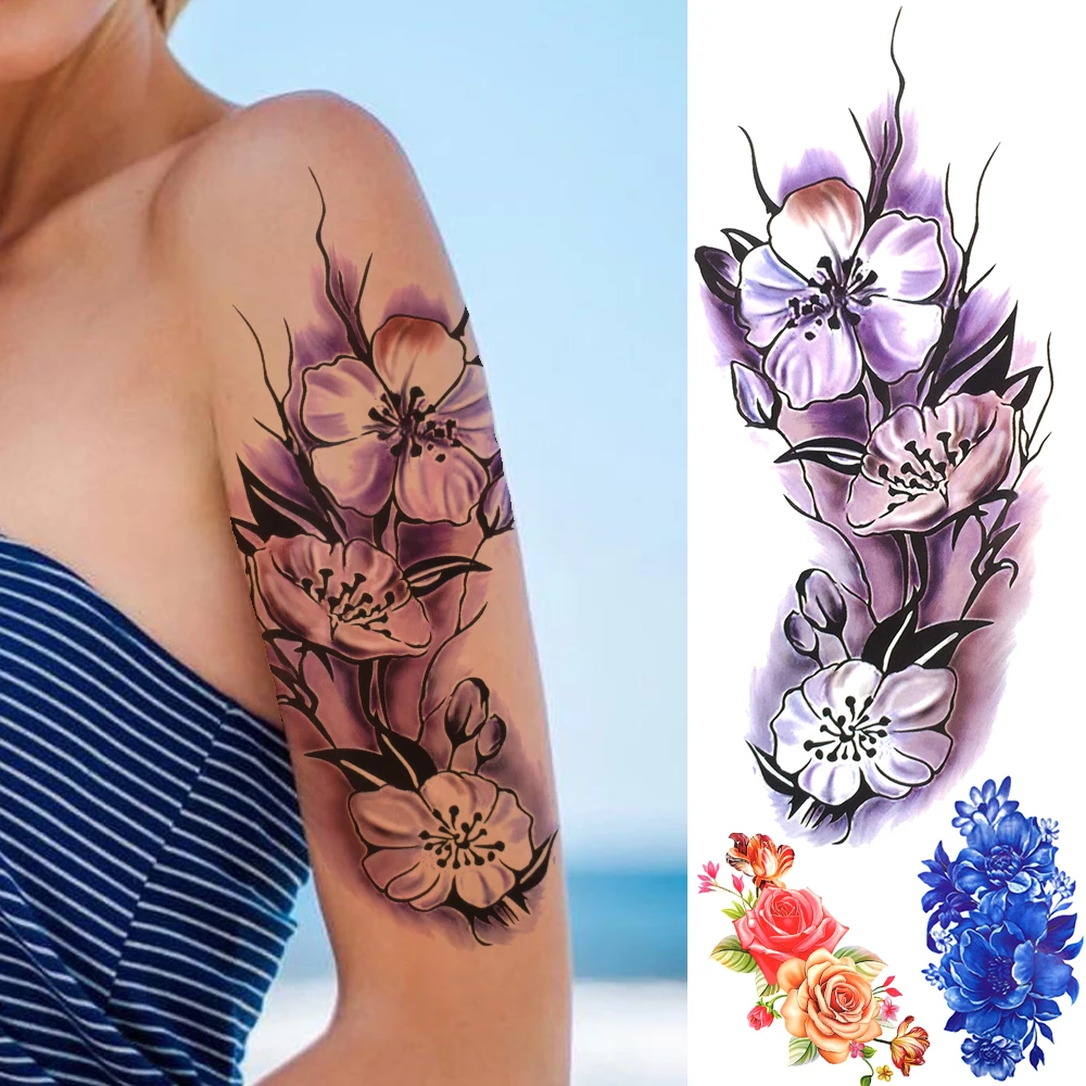 Violet Plum Flower Temporary Tattoos For Women Lady Realistic Rose Anemone Fake Tattoo Sticker Water Transfer Thorns Tatoos