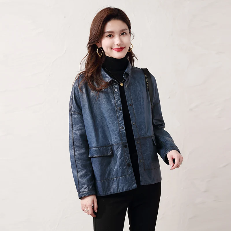 Retro Lady Square Collar Real Leather Jackets Office Sheepskin Loose Fit Jacket Streetwear Single Breasted Outerwear Female