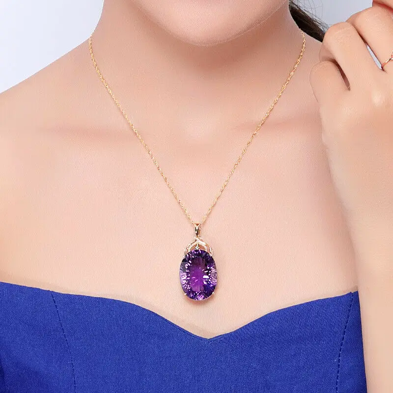 Amethyst Sapphire Gemstone Charm 18k Gold Plated Silver 36CT Oval Crystal Zircon Pendant Necklace Lady Wedding Jewelry