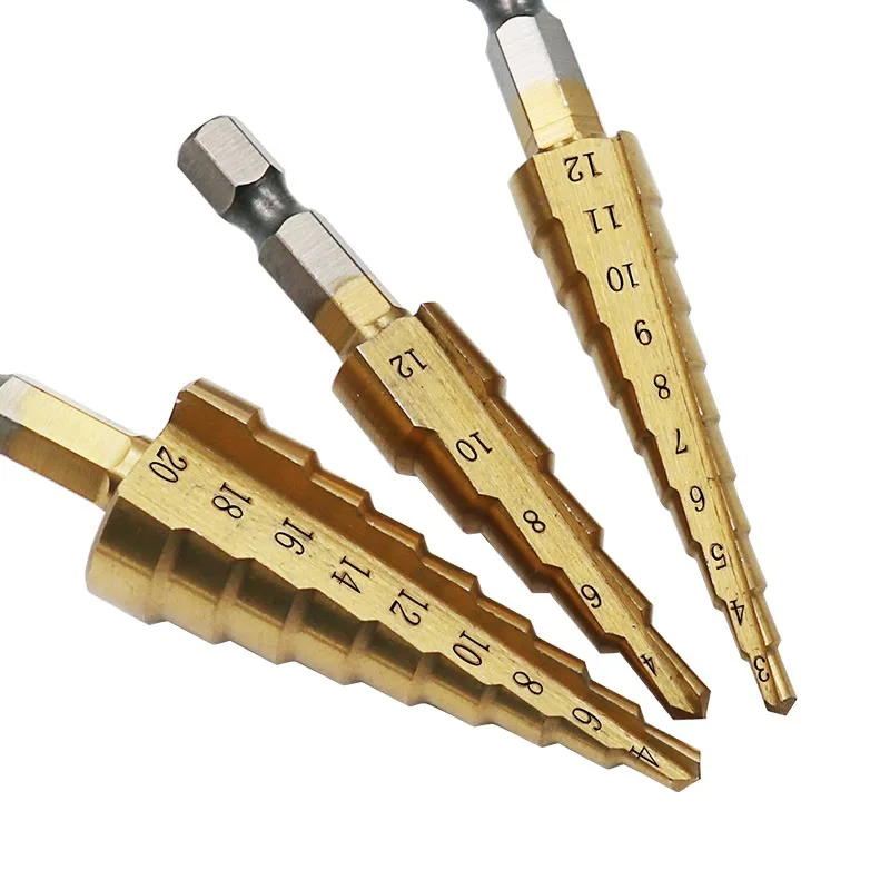 ALLSOME Step Drill Bit 3-12mm 4-12mm 4-20mm HSS Straight Groove Titanium Coated Wood Metal Hole Cutter Drilling Power Tools Set