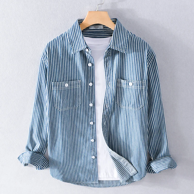 

New spring and autumn long-sleeved denim striped shirt men brand fashion pure cotton shirts for men top camisa chemise