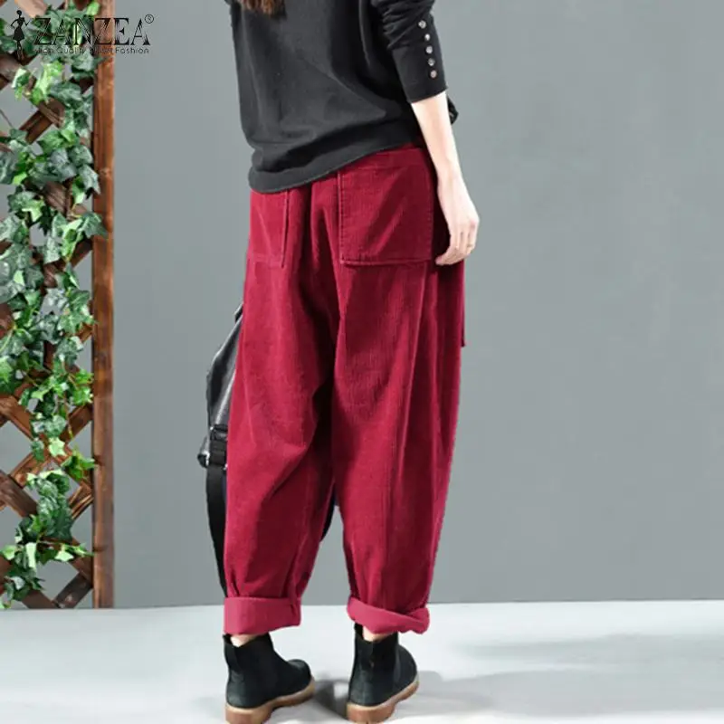 Women Corduroy Pants Autumn Elastic Waist Solid Long Trousers ZANZEA Vintage Corduroy Harem Pants Loose Turnip Pantalon Casual