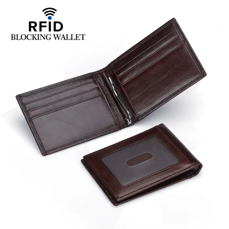 New RFID Blocking Genuine Leather Men Money Clip Wallet Small Card Protection Purse Mini Cash Holder For Man