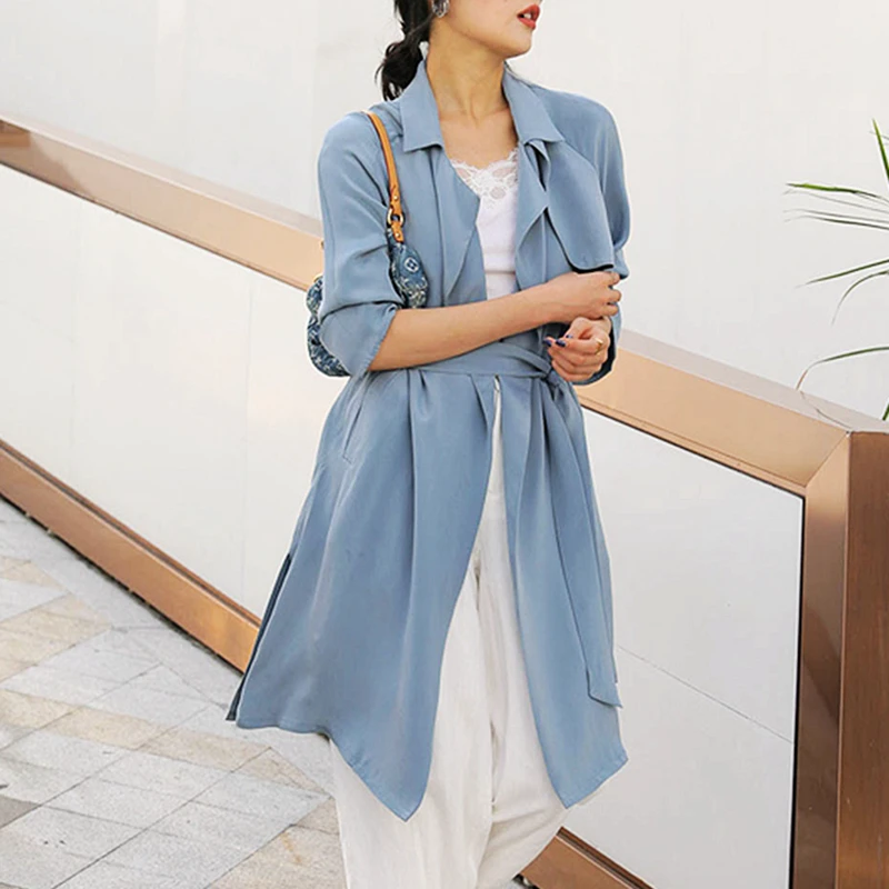 High-end Windcoat Women Trench Coat 100% Heavy Silk Classical Simple Design Dustcoat Sashes 2 Colors Spring New Fashion