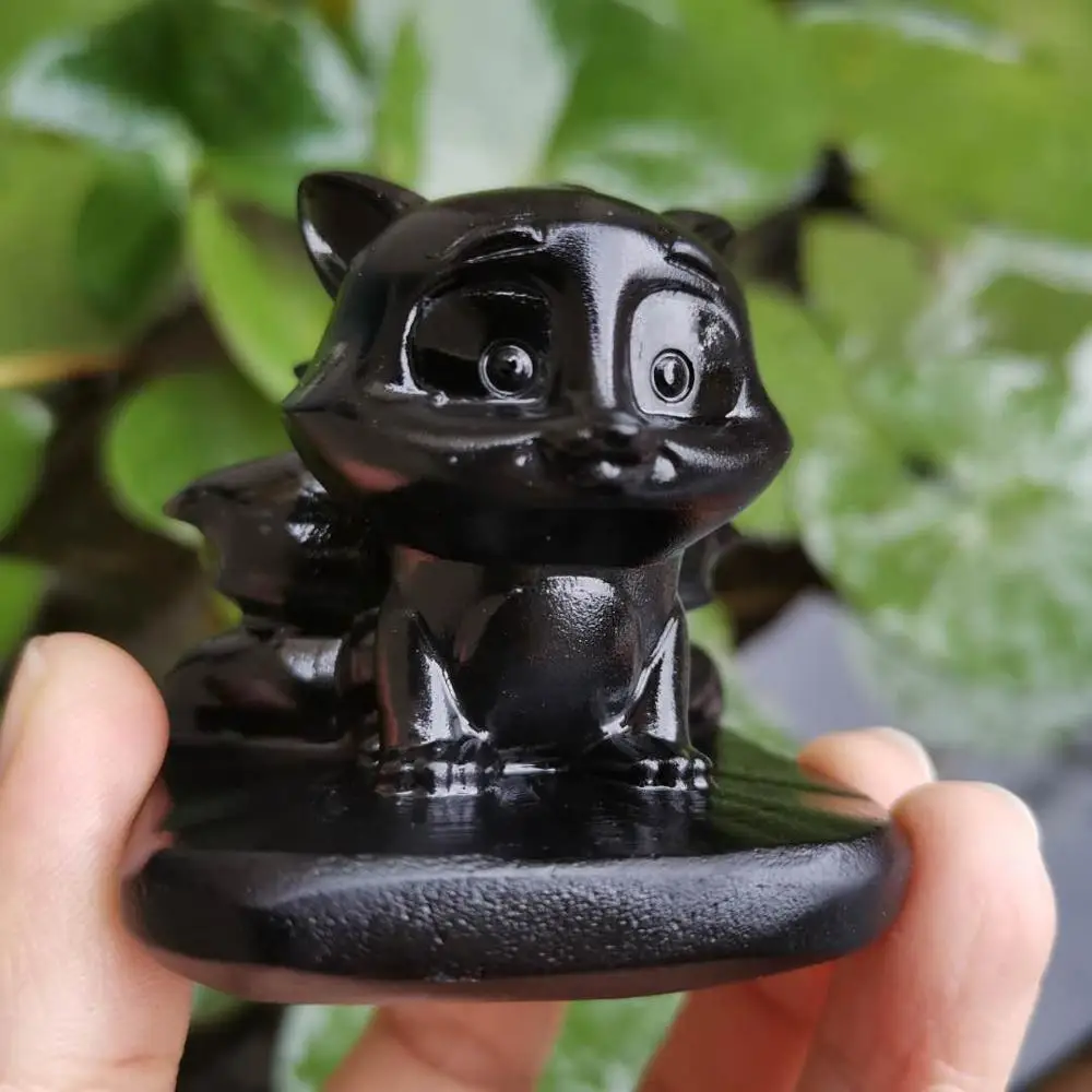 Natural Black obsidian Carved Nine-tailed Fox Figurine Crystal Stone cartoon characters for kids gift