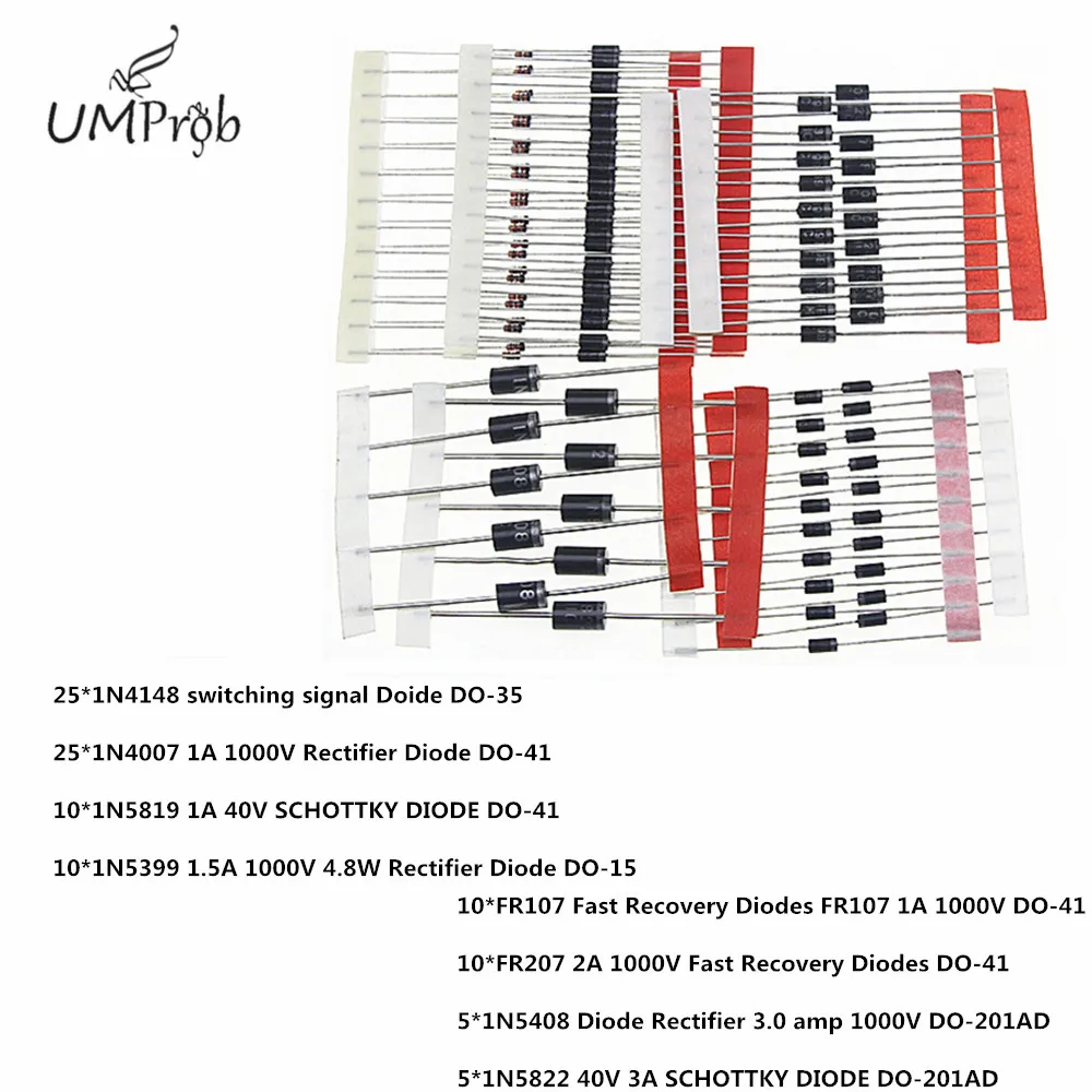 1N4148 1N4007 1N5819 1N5399 1N5408 1N5822 FR107 FR207 8values=100Pcs Electronic Components Packag Diode Assorted Kit