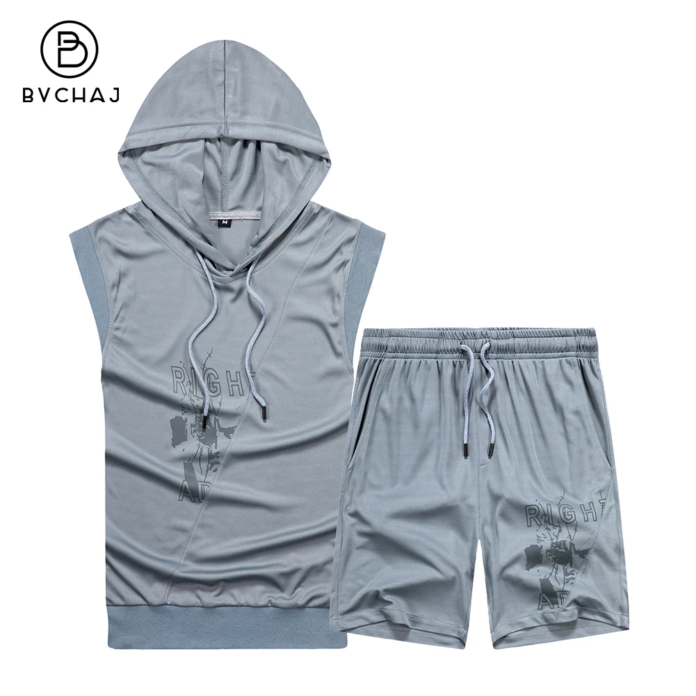 Zomer Mannen Hooded Sportsuit 2 Stuk Mouwloos Vest Jogging Print T-shirt + Fitness Shorts Sneldrogende Sportkleding Casual menwear