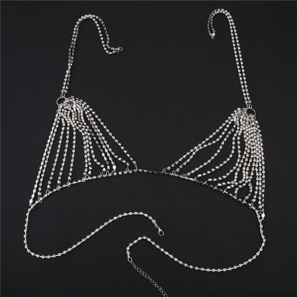 Luxury Heart Crytal Bikini Body Chain Harness for Women Sexy Lingerie Chain Bling Rhinestone Bra and Thong Set Jewelry