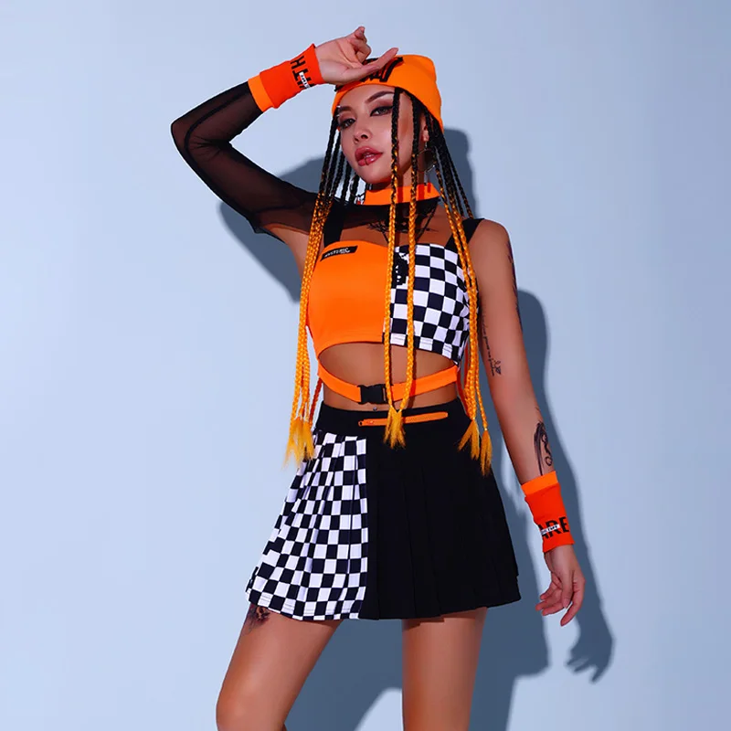 Cheerleader Uniform Women Orange Jazz Dancer Outfit Festival Clothing Hip Hop Dancewear Performance Costume K pop Outfit DL8078