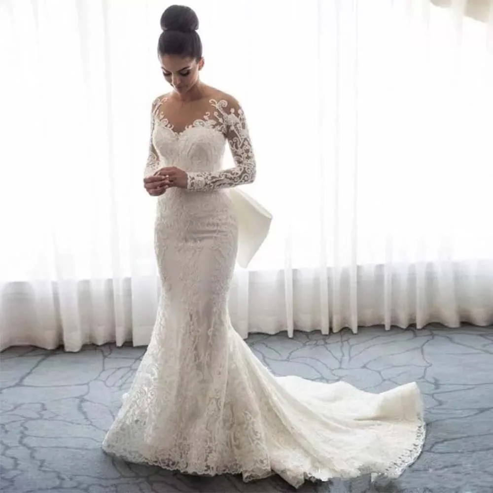 Customized Mermaid Wedding Dress For Woman  Bow Lace Bridal Gown With Long Sleeves Sweep Train Plus Size Fishtail Robe De Mariee