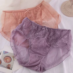 Women Lace Panties Large Sizes Sexy Thin Bow Ruffle Transparent Mesh Panties Plus Size Underwear Women Cute Briefs Lingerie Xxxl