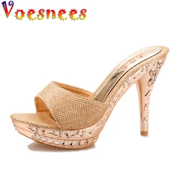 Voensees Brand Fashion Shoes Women Summer Slipprers Pu Solid Outside Slides Shallow Thin Heels Sandals Girls Party Shoes 12 cm