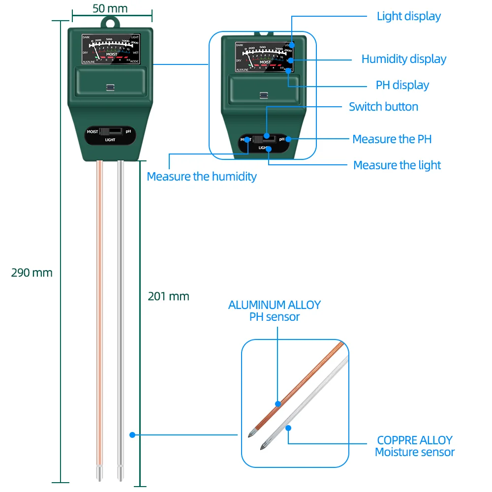 2/3/4/5 IN 1 Soil PH Meter Soil Tester PH Sunlight Moisture Temperature Humidity Sensor Acidity Garden Temp Soil Gauge Meter