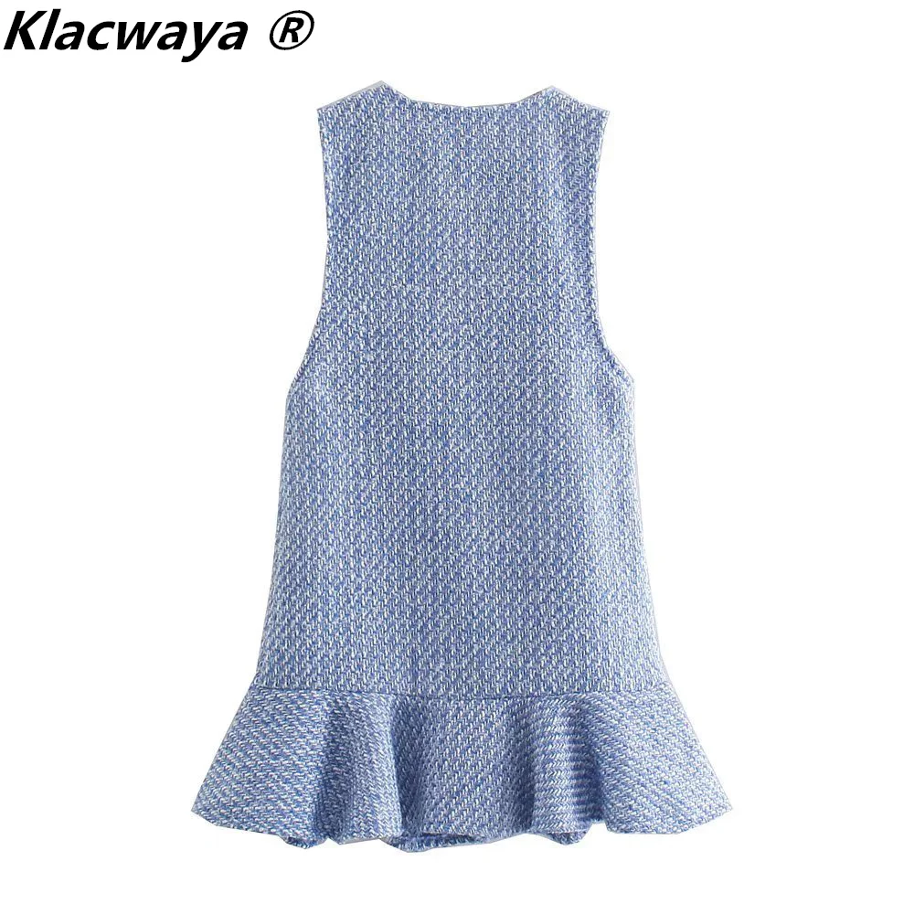 Klyacwaya Tweed Dress Winter Vintage V-Neck Sleeveless Elegant Dresses For Women 2021 Casual Ruffles Blue Mini Dress