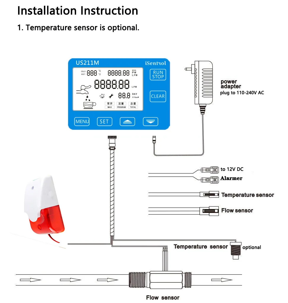 US211MA Water Flow Meter Totalizer Alarmer and Inox USS-HS121TA 100 Degree Liquid Flow Sensor Turbine flowmeter G1-1/2“