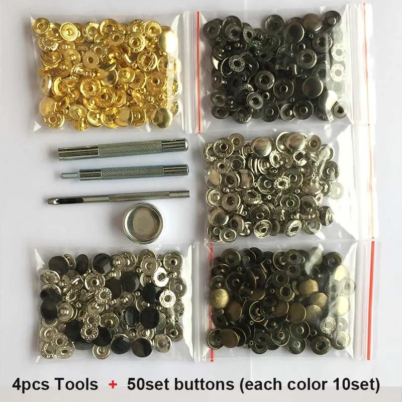 50set di elementi di fissaggio a scatto in pelle, 10mm 12mm 15mm bottoni a pressione in metallo, 4 strumenti di installazione, bottoni a pressione