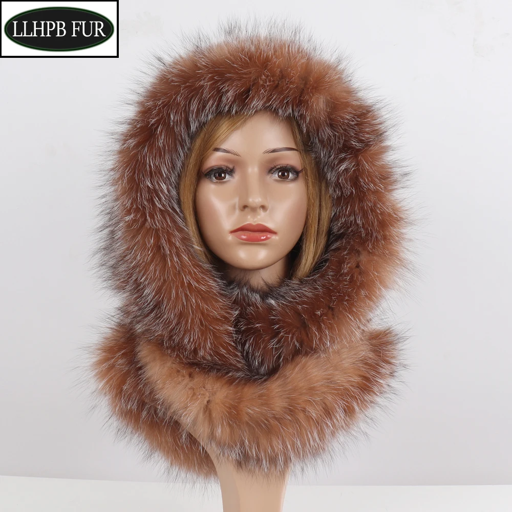 

Hot Sell Winter Women Natural Fox Fur Hats&Scarves Lady Warm Fluffy Real Fox Fur Hat&Scarf Luxury Knit Genuine Fur Hooded Scarf