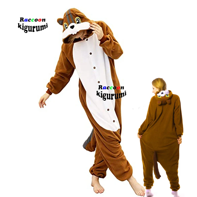 Soft Orange Squirrel Jumpsuit Women Adult Anime Onsie Wool Men Christma Pajamas Cartoon Cosplay Costume Raccoon Kigurumi