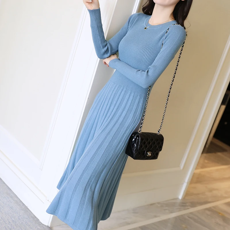 2020 slim mid-length knee-length sweater female autumn and winter thick knitted bottoming shirt round neck Long sleeve dress