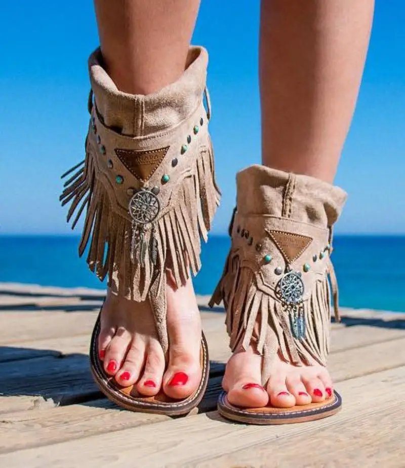 Tassel Ankle Shoes Summer Women Sandals Flip Flapts High Top Sandals 2021 New Female Casual Flat Shoes Beading Shell Sandal