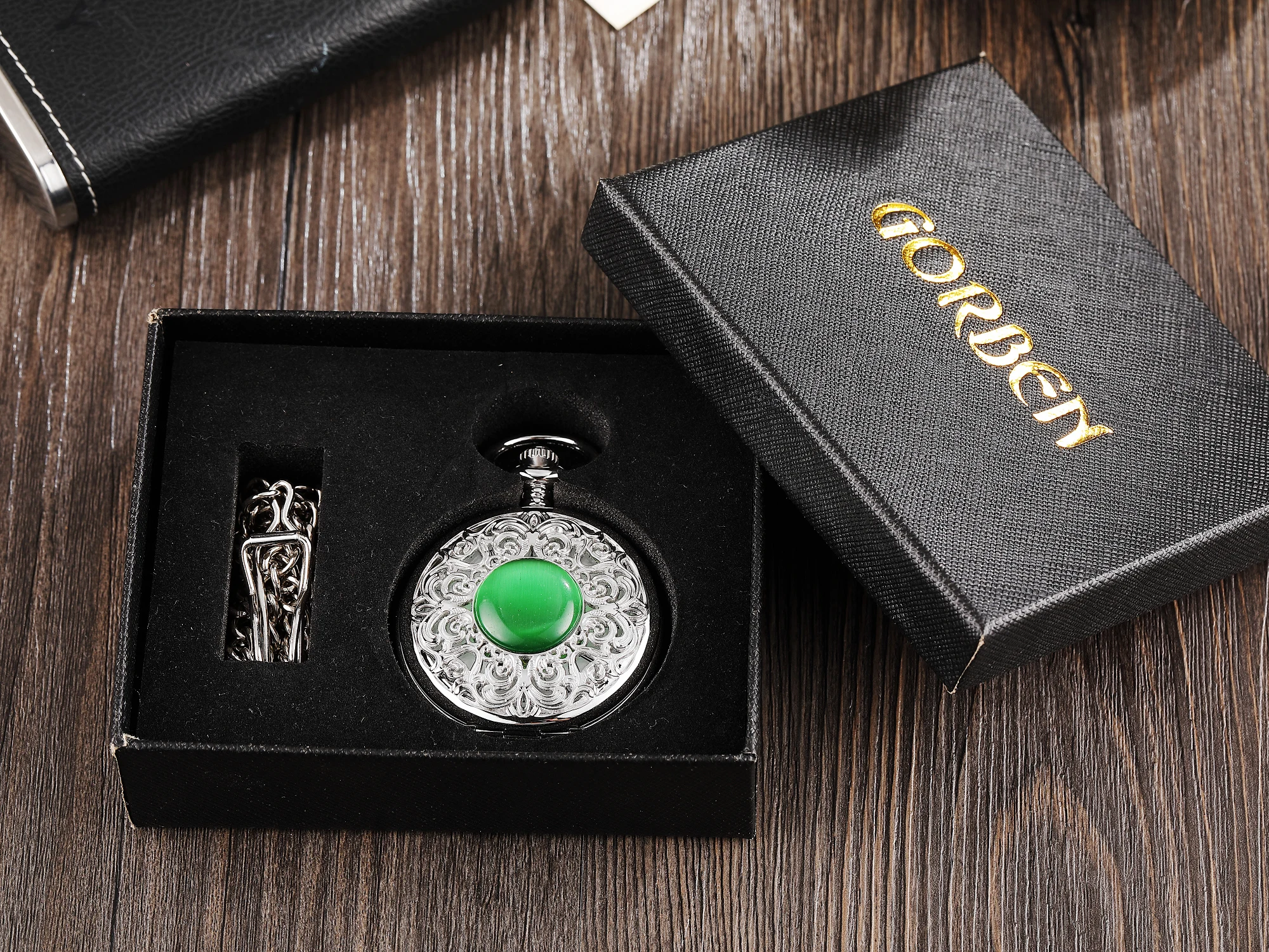 Antique Emerald Mechanical Pocket Watch Men Vintage Steampunk Fob Clock Male Necklace With Chain For Boy Girls Gift