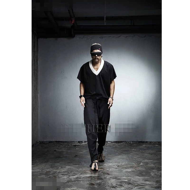 Korean youth hip hop men\'s low crotch fashion trend lace up casual pants Harem Pants linen pants loose personality