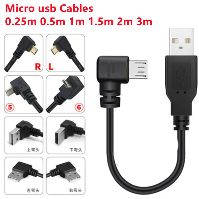 Up & Down & Left & Right Angled 90 Degree USB Micro USB Male to USB male Data Charge connector Cable 25cm 50cm for Tablet 5ft 1m