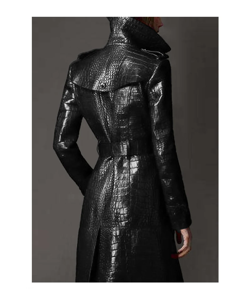Lautaro Autumn Long Black Crocodile Pattern Pu Leather Trench Coat for Women Belt Double Breasted Stylish British Style Fashion