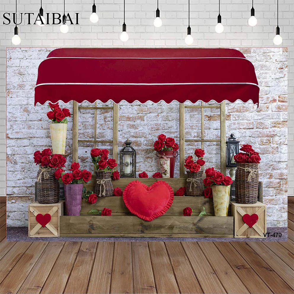 

Valentine's Day Theme Backdrop Red Rose Rustic Wooden Floor Couple Portrait Shooting Props Red Love Heart Anniversary Background