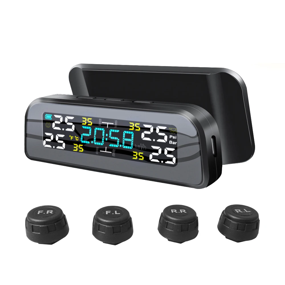 

Solar Power Tire Pressure Monitor System Warning Alarm Clock Tire Pressure Detector 360 ° Rotatable TPMS