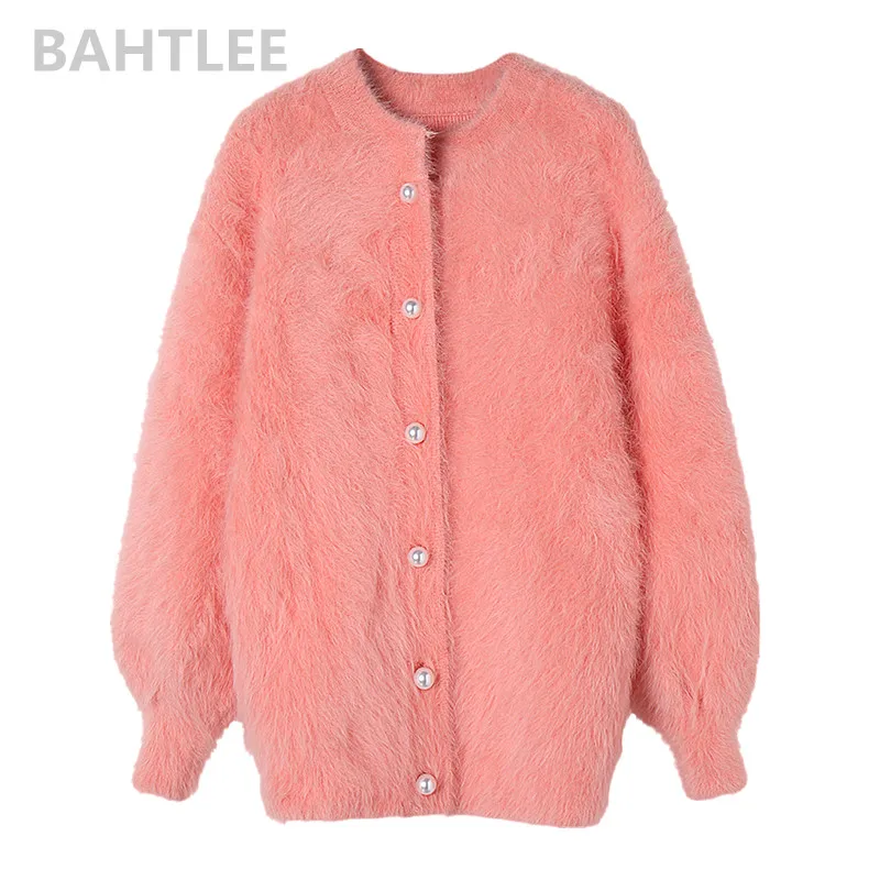 BAHTLEE-Women\'s Angora Cardigans, Wool Knitted Sweater, O-Neck, Pearl Button Pocket, Thick, Keep Warm, Winter