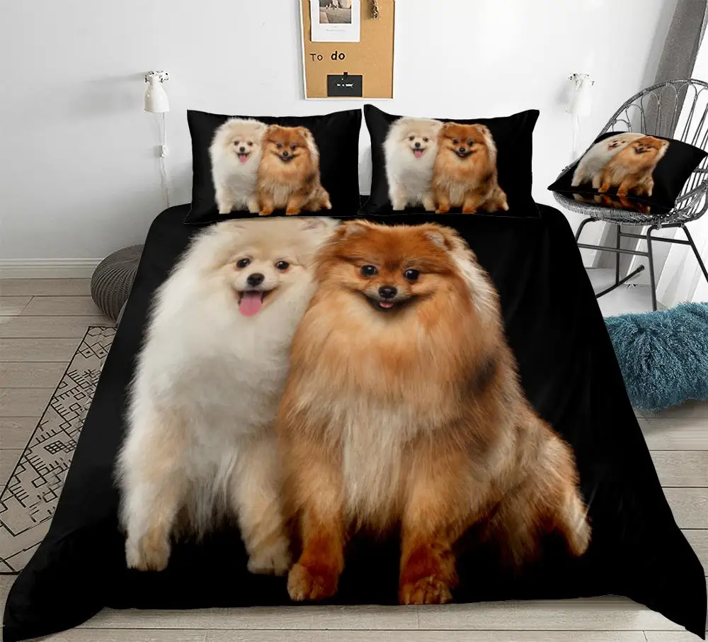 3D Pomeranian Duvet Cover Set Cute Dog Bedding Set Kids Boys Girls Pet Quilt Cover Black Queen Animal Home Textiles Dropship