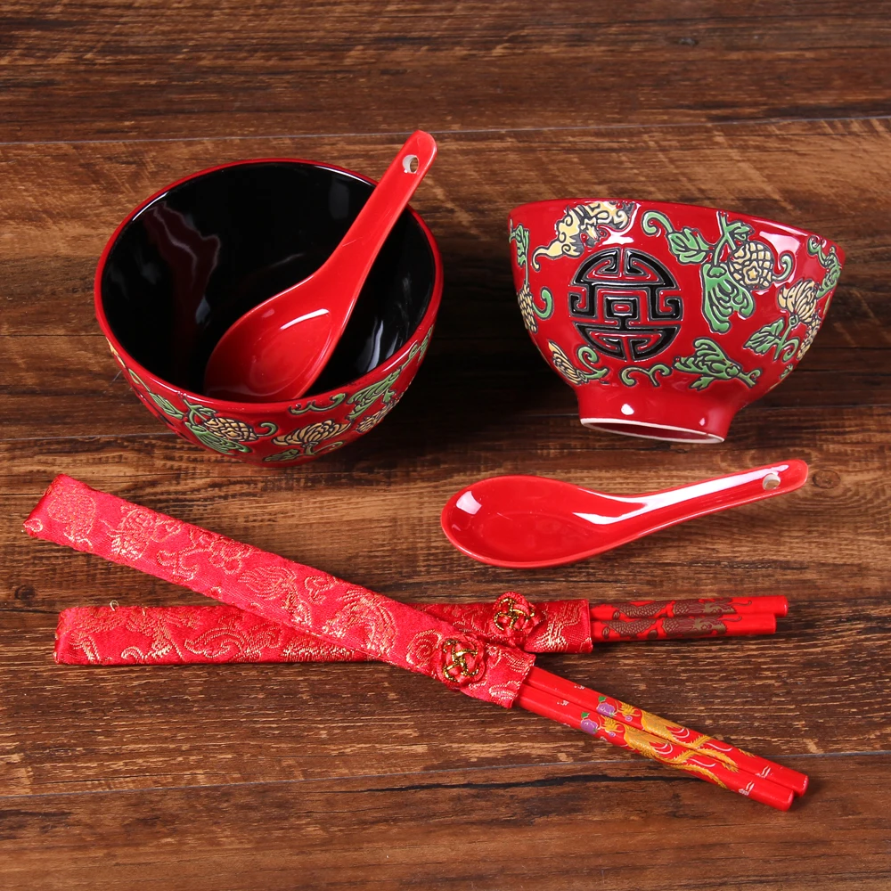 

Chinese red porcelain dinner bowl lovers couple wedding dowry gift bridesmaid chopsticks spoon tableware ceramic dinnerware set