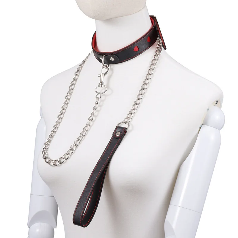 Adjustable PU Leather Chain Collar with Leash BDSM Bondage Fetishs Necklace Adult Game for Woman Neck Ring Sex Accessories Toys