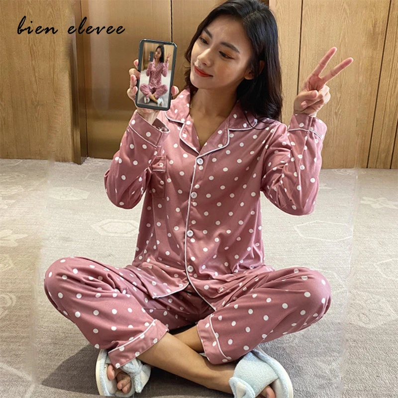 Sleepwear Women Pajamas Sets Long Sleeve Home Wear Suit For Women Two Piece Set Female Pijama Button Pyjama Clothes Polka Dot