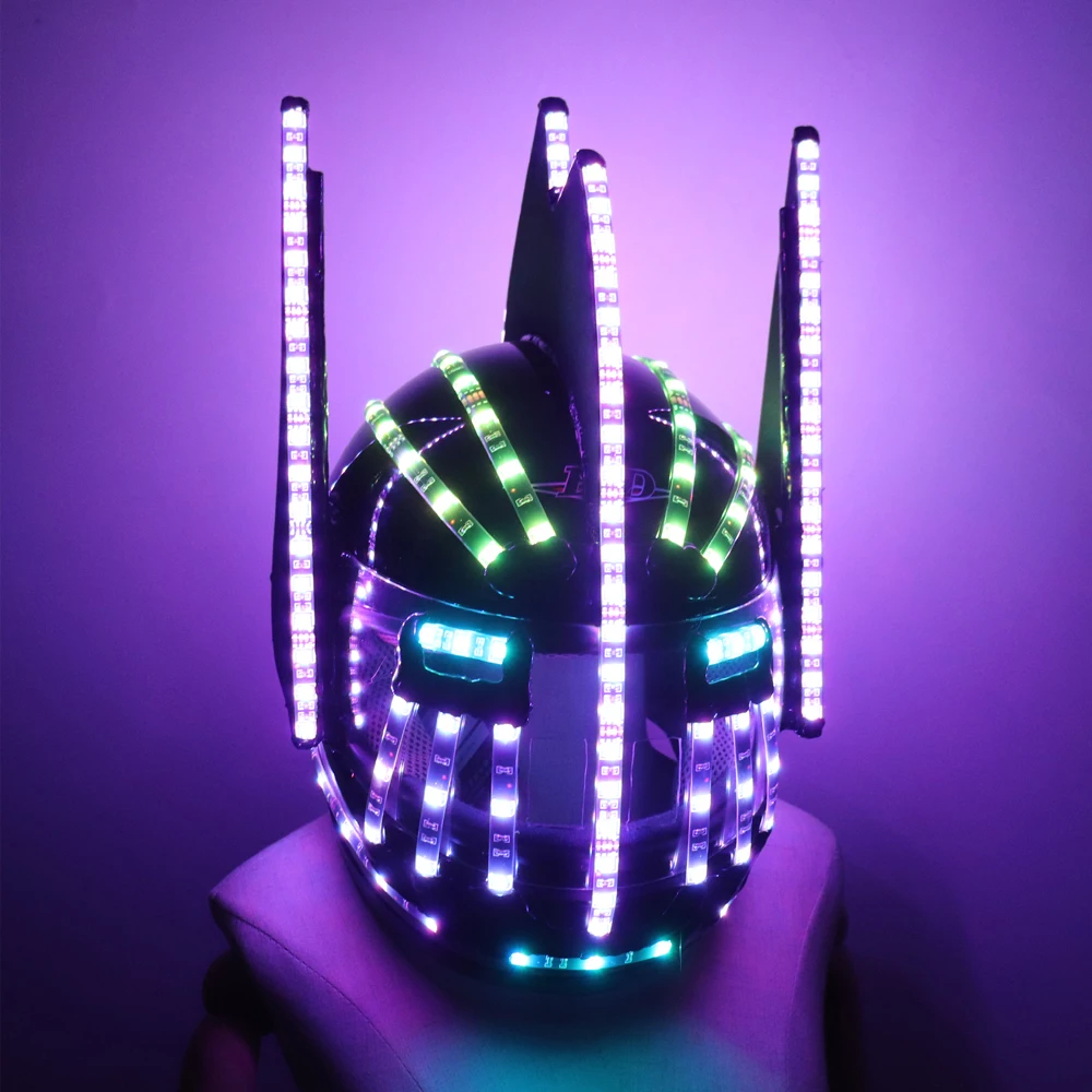 Capacete iluminado led, capacete da moda, luminoso, brilhante, fluxo de cascata, robô, trajes de capacete, acessórios