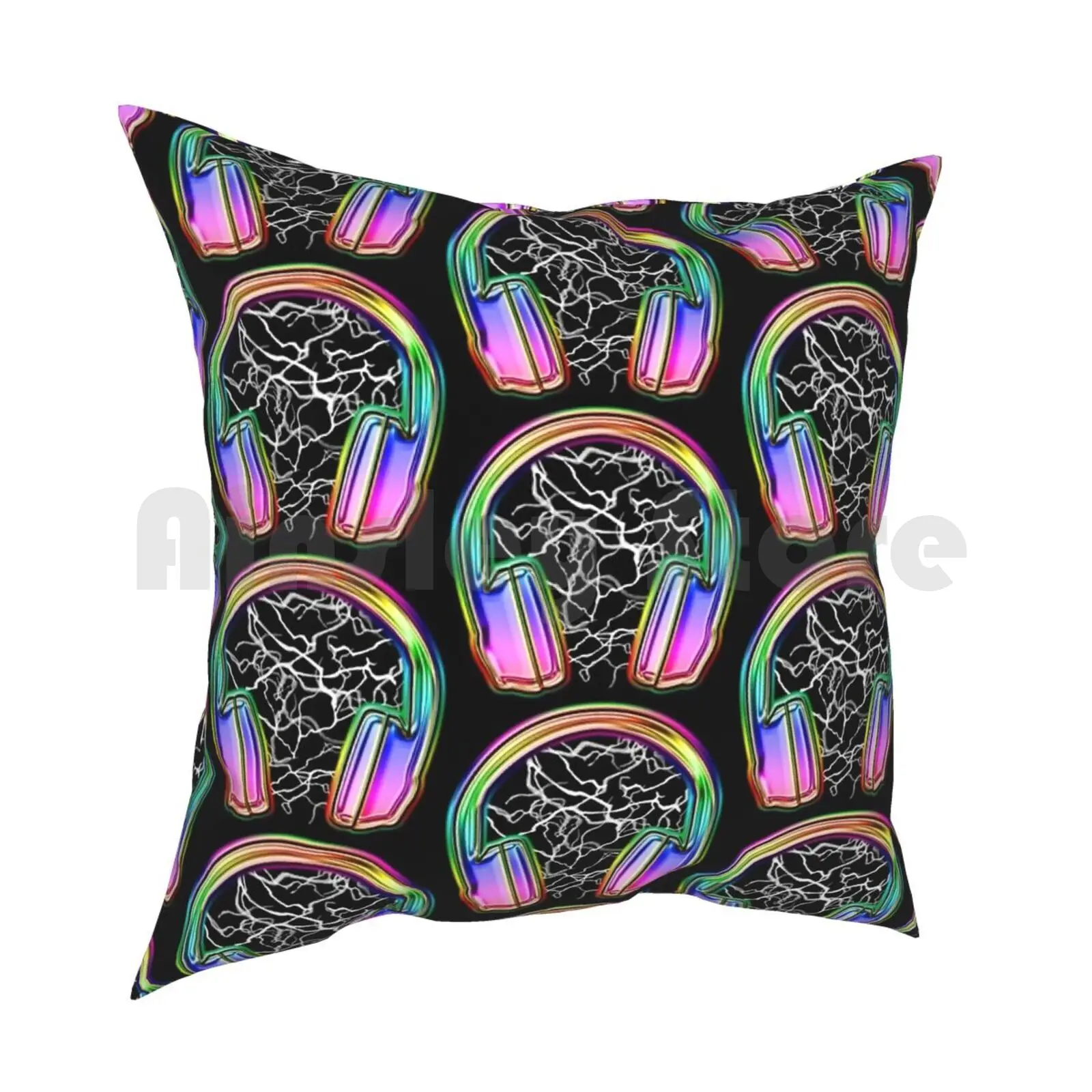 Headphones Pillow Case Printed Home Soft DIY Pillow cover Headphones Music Neon Lightning Multicolored Colourful