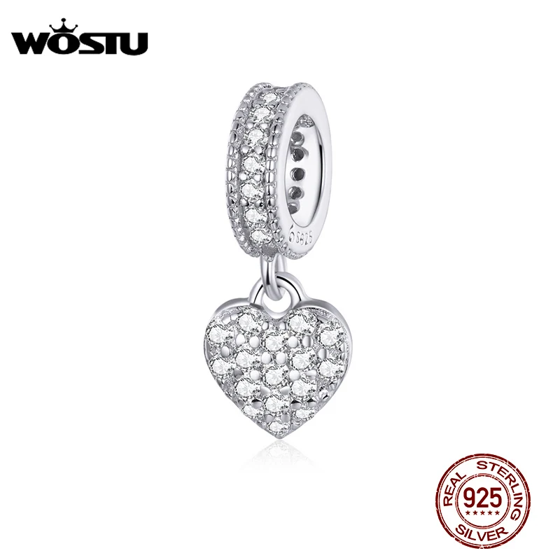 WOSTU Brilliant Heart Dangle Charms 925 Sterling Silver Dazzling Zircon Bead Pendant Fit Original Bracelet Luxury Jewelry CTC211