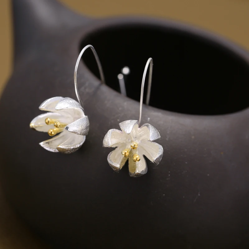 925 Sterling Silver Flower Earings Elegant Lotus long Drop Earring For Women Fashion Brincos Grandes Fine Jewelry pendientes