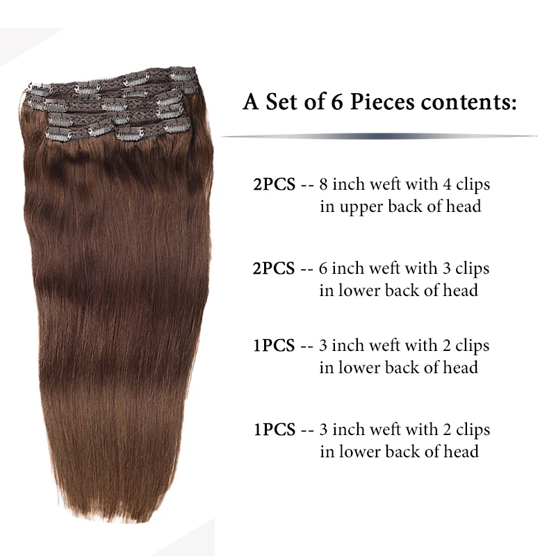 Toysww 6 개/대 클립 헤어 익스텐션 인간의 머리 Remy Hair Medium Brown Color #4 No Tangle 브라질 머리 100g 120g