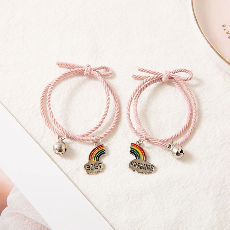 Fashion Rainbow Bell Pendant Friends Bracelet For Women Pair Cloud Pink Black Rope Bracelets Trendy Women Jewelry Gift 2021 New