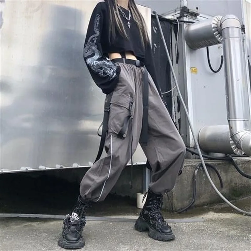 Pantalones Cargo con banda en el tobillo para hombre y mujer, ropa de calle femenina, de lana, color negro, Harajuku, de cintura alta, holgados y rectos, informales, Otoño e Invierno