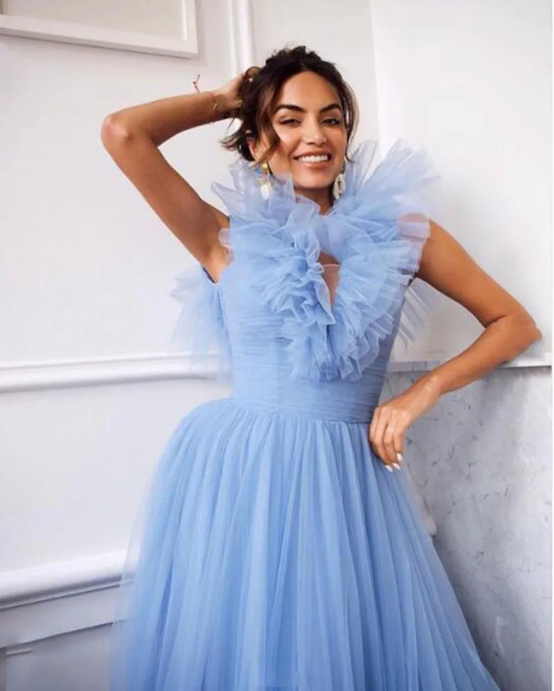 Sodigne 2021 nova tule uma linha longo vestidos de baile alta pescoço plissado elegante formal vestido de festa de casamento da princesa feito sob encomenda