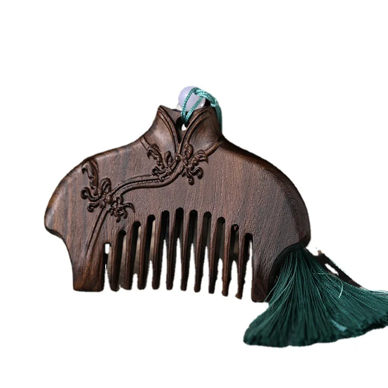 

Portable Massage Hair Combs with Tassels Natural Sandalwood Comb Handmade Decorative Carved Flower Pattern Hollow Out Wooden